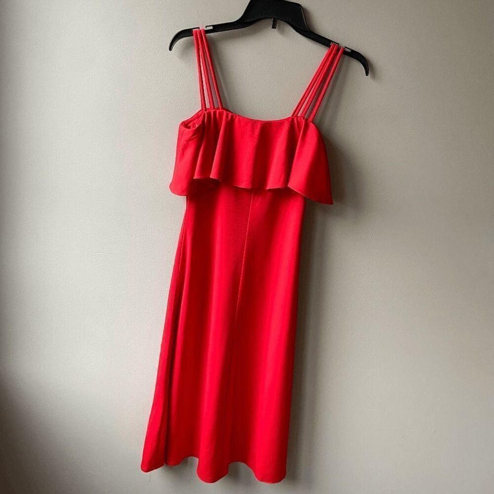 VTG 1970s Kappi Red Midi Dress Triple Strap Ruffle Bodice